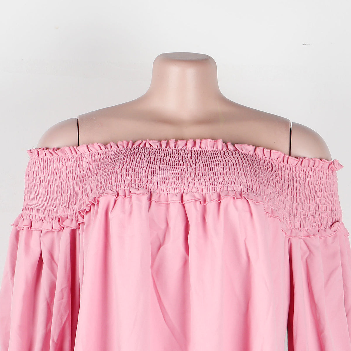Off Shoulder Smocked Tiered Ruffle Sleeve Dress - Pink - 1