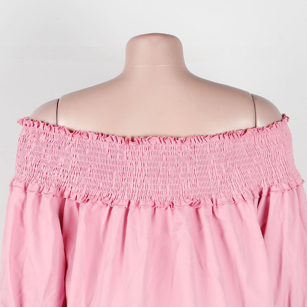 Off Shoulder Smocked Tiered Ruffle Sleeve Dress - Pink - 2