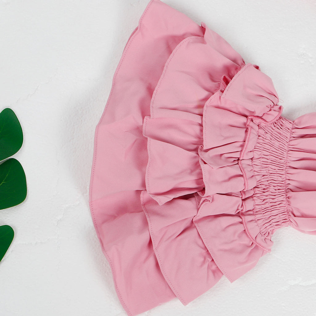 Off Shoulder Smocked Tiered Ruffle Sleeve Dress - Pink - 3