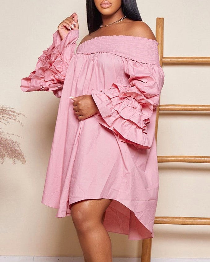 Off Shoulder Smocked Tiered Ruffle Sleeve Dress - Pink - 7