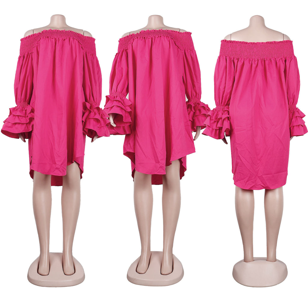 Off Shoulder Smocked Tiered Ruffle Sleeve Dress - Purple
