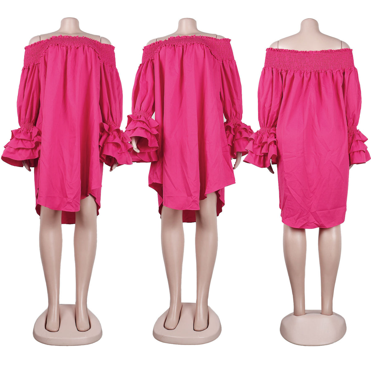 Off Shoulder Smocked Tiered Ruffle Sleeve Dress - Purple