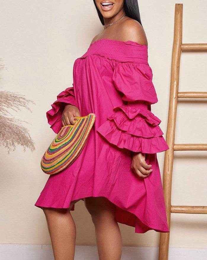 Off Shoulder Smocked Tiered Ruffle Sleeve Dress - Purple - 1