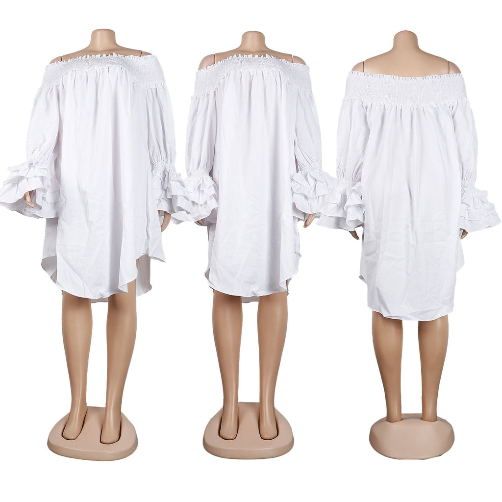 Off Shoulder Smocked Tiered Ruffle Sleeve Dress - White