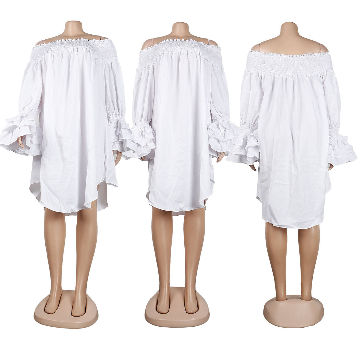 Off Shoulder Smocked Tiered Ruffle Sleeve Dress - White