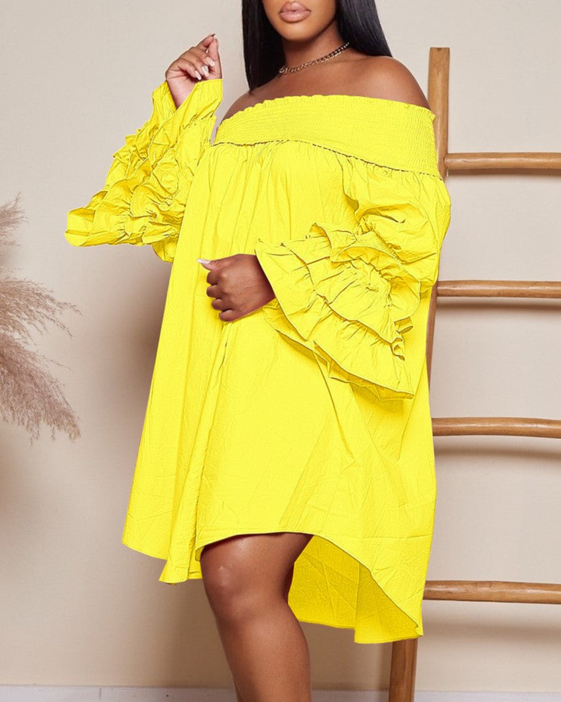 Off Shoulder Smocked Tiered Ruffle Sleeve Dress - Yellow