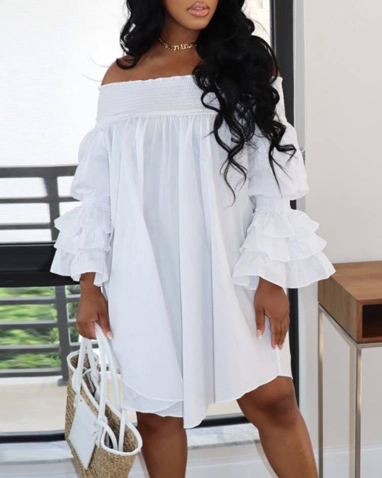 Off Shoulder Smocked Tiered Ruffle Sleeve Dress