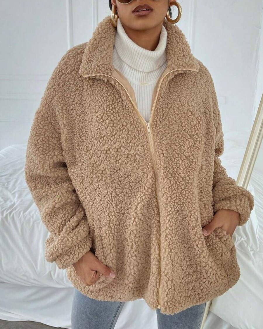 Teddy Fleece Zip Front Oversized Coat