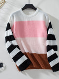 Colorblock Striped Sleeve Crewneck Knit Sweater - Pink