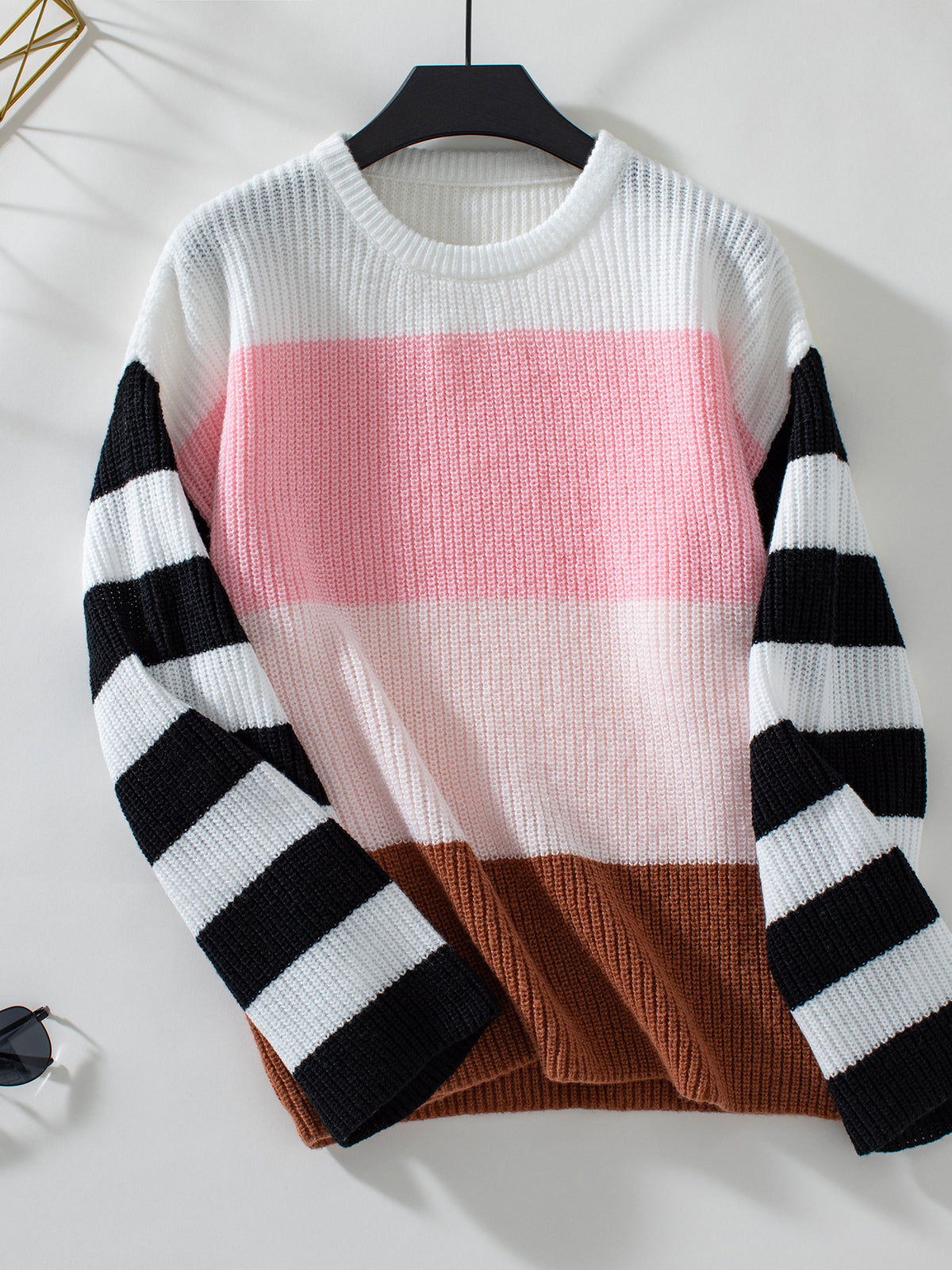 Colorblock Striped Sleeve Crewneck Knit Sweater - Pink