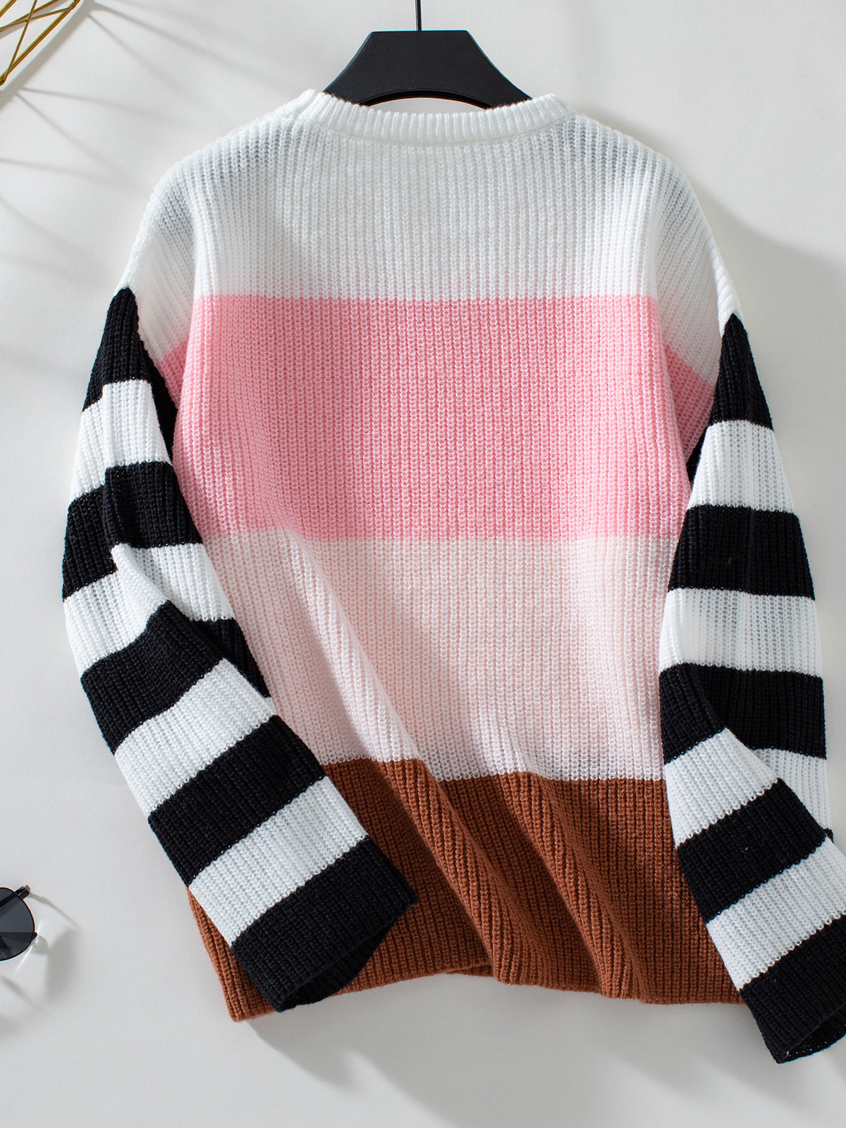 Colorblock Striped Sleeve Crewneck Knit Sweater - Pink - 1
