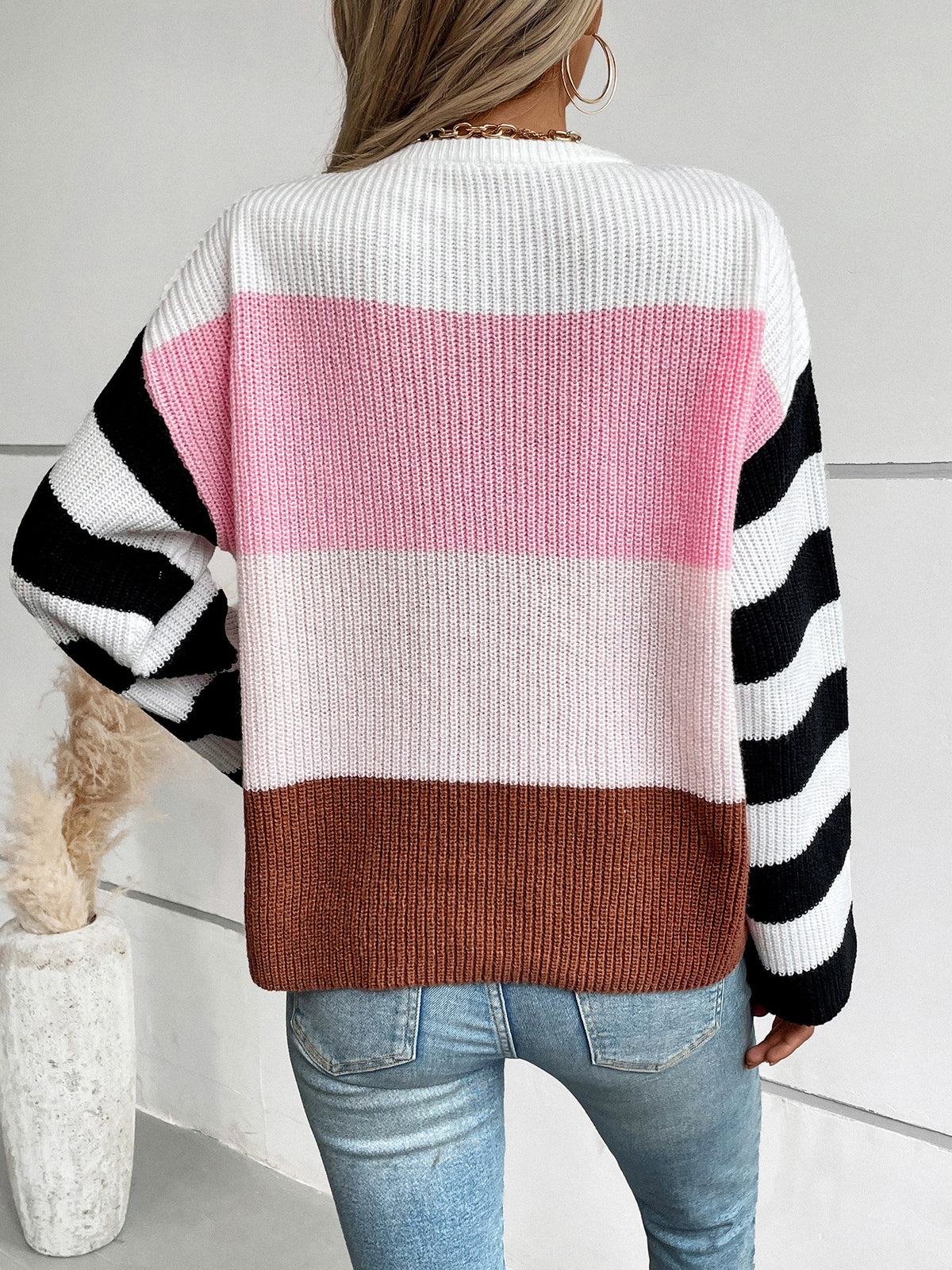 Colorblock Striped Sleeve Crewneck Knit Sweater - Pink - 5