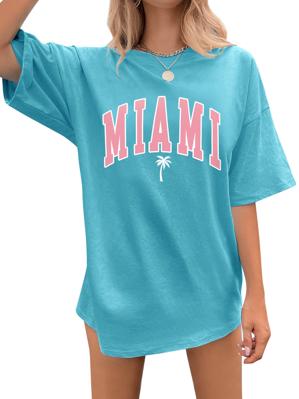 Miami Palm Tree Oversized Tunic Tee - Blue