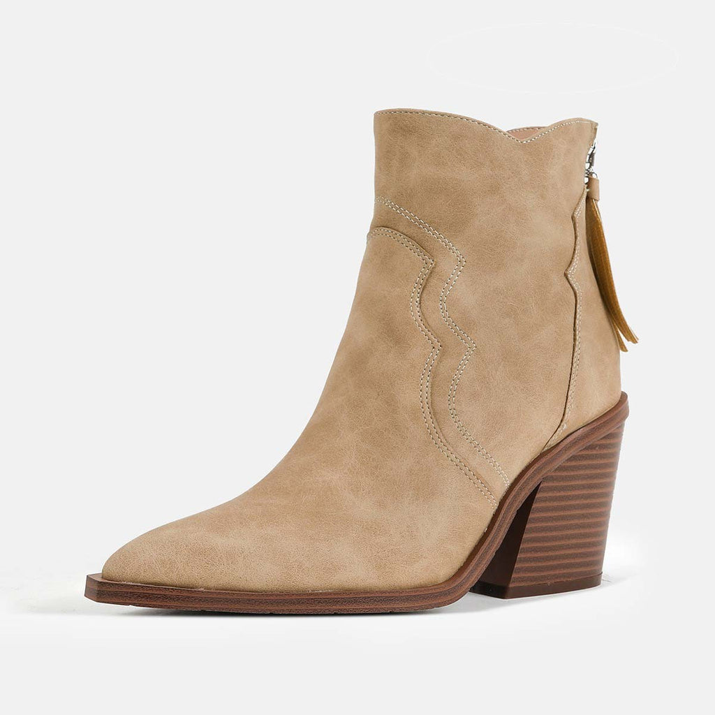 Western Pointed Toe Block Heel Ankle Boots