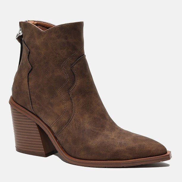 Western Pointed Toe Block Heel Ankle Boots