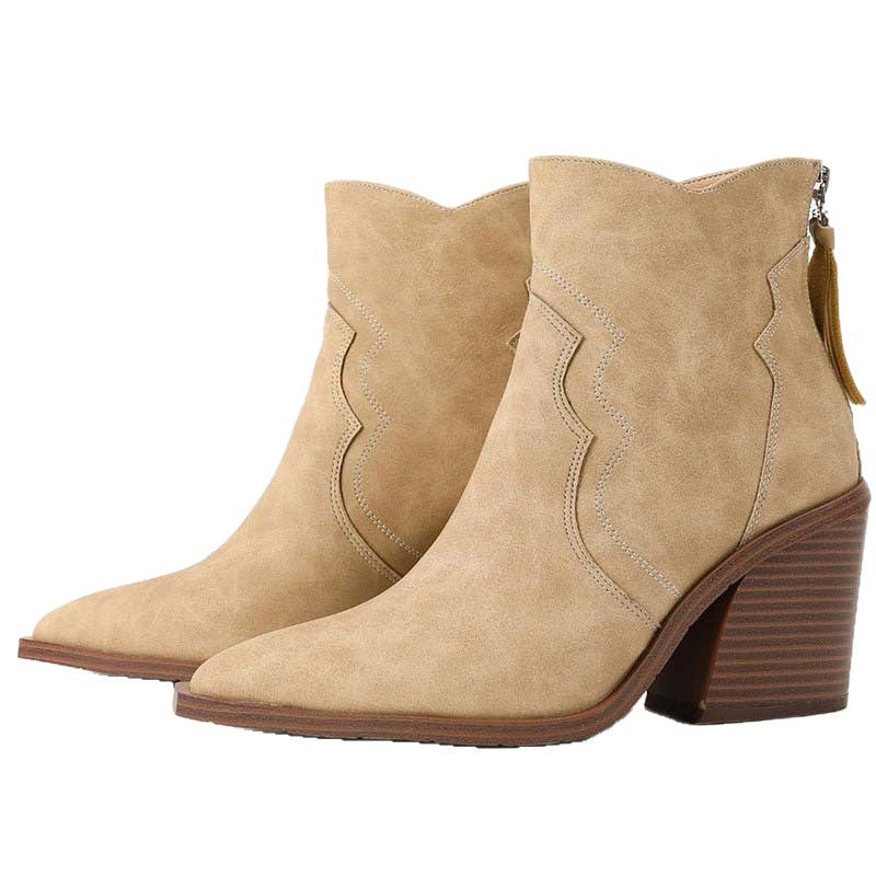 Western Pointed Toe Block Heel Ankle Boots