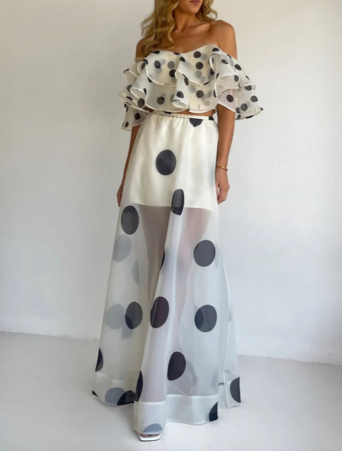 Off Shoulder Ruffle Top And Maxi Skirt Set - White