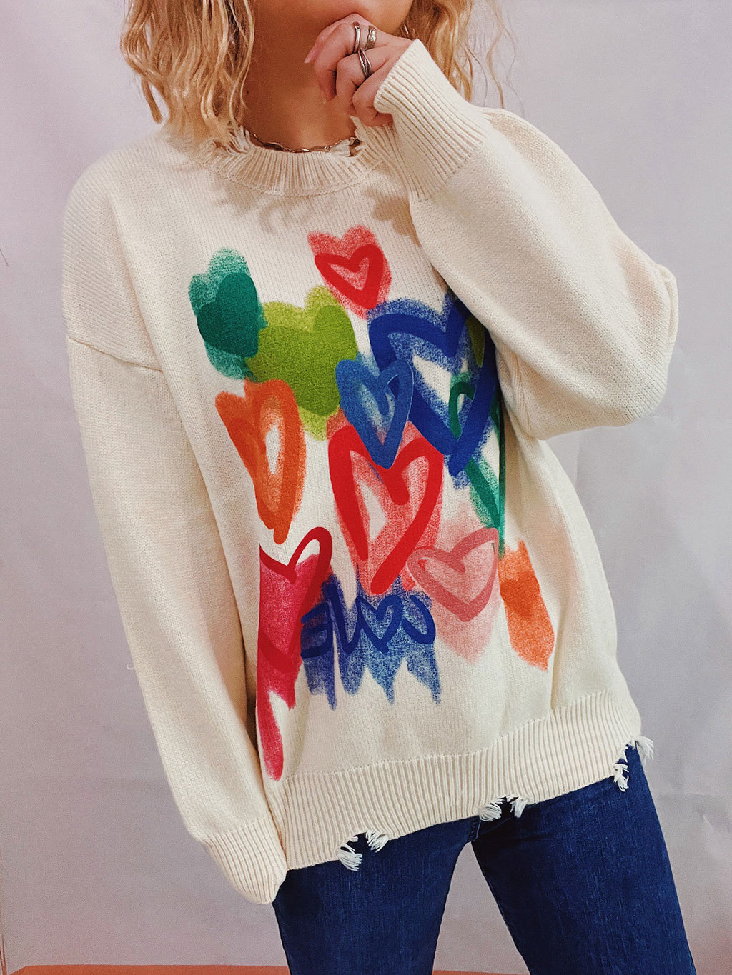 Heart Graffiti Distressed Knit Sweater - White
