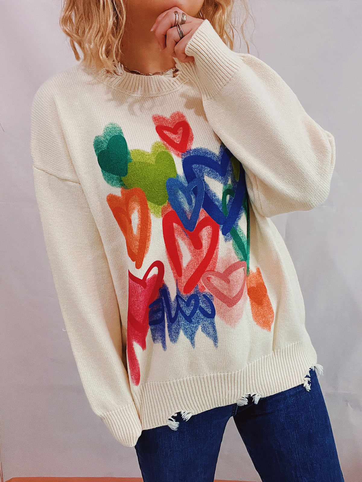 Heart Graffiti Distressed Knit Sweater - White