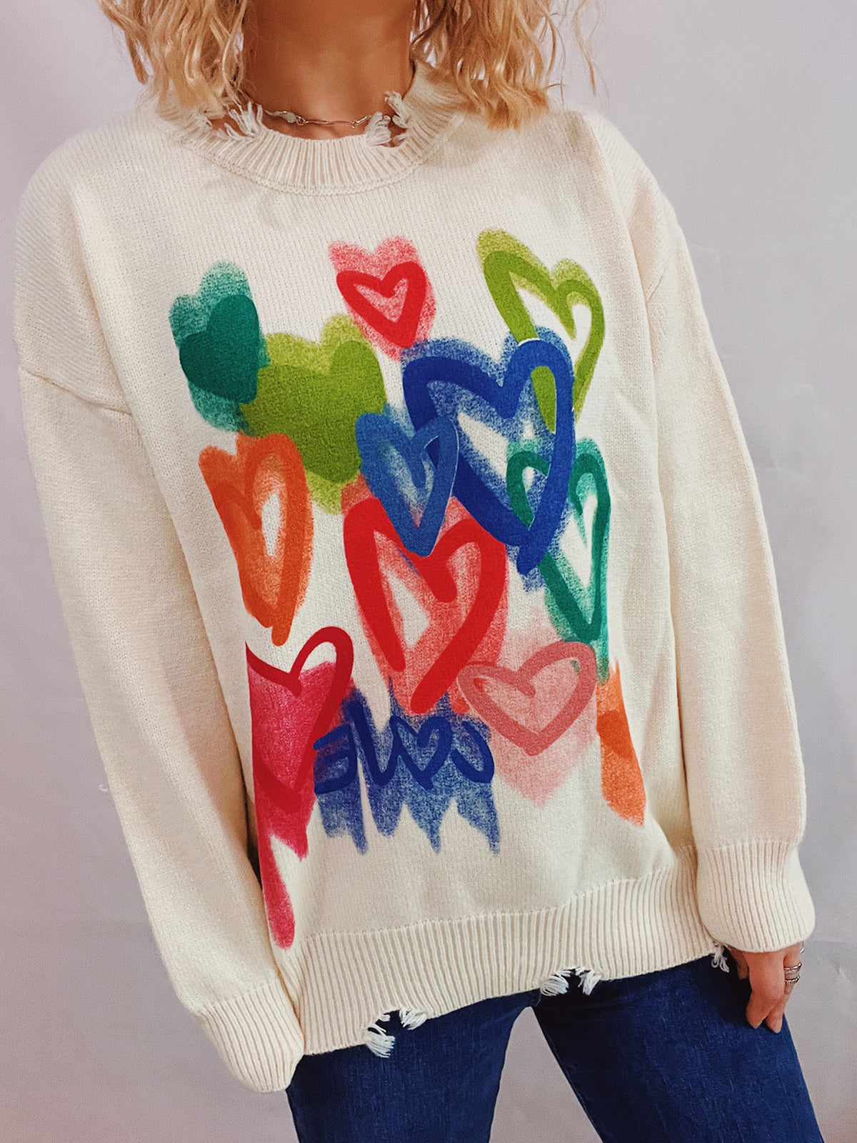 Heart Graffiti Distressed Knit Sweater - White - 1