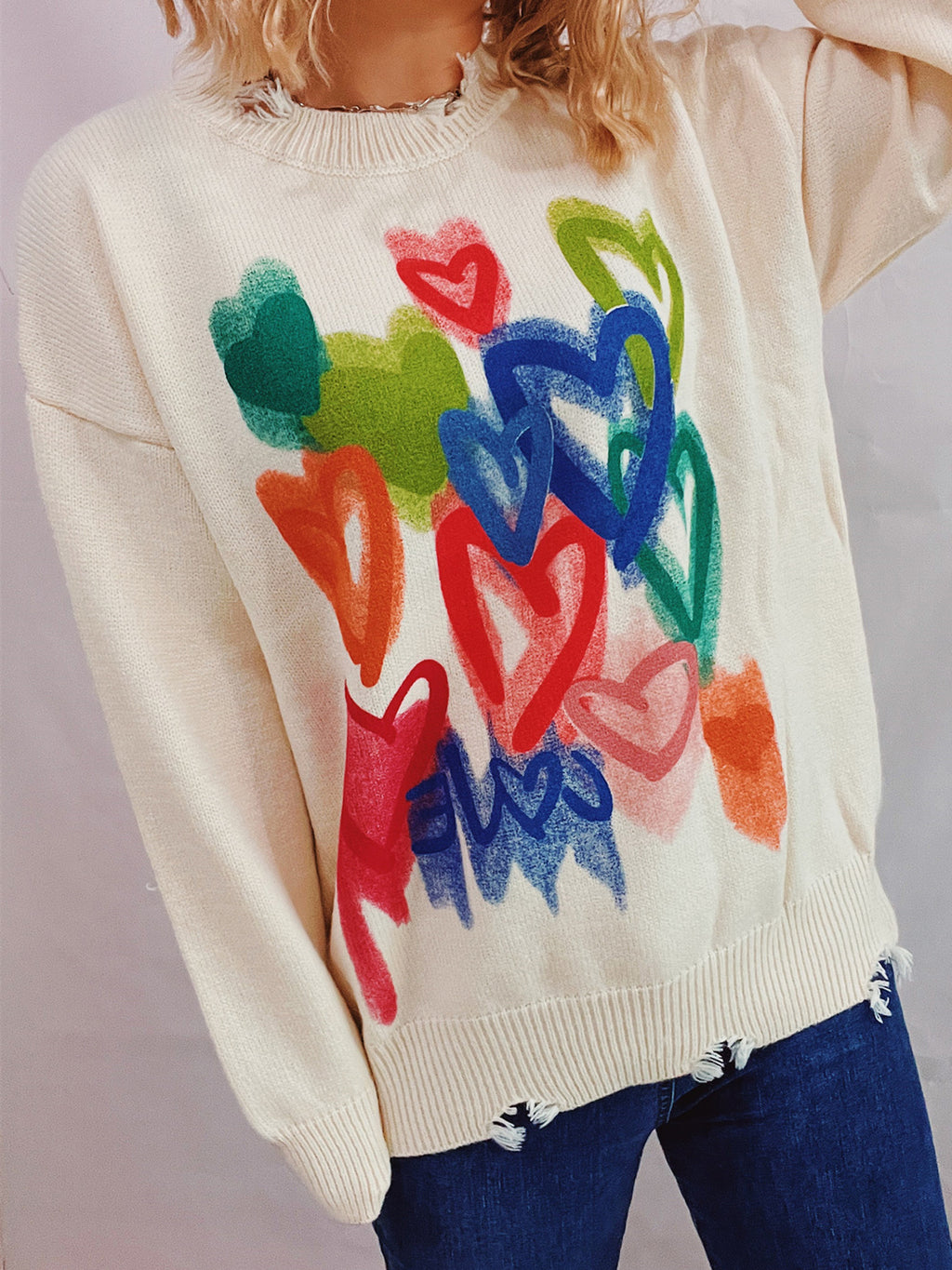 Heart Graffiti Distressed Knit Sweater - White - 2