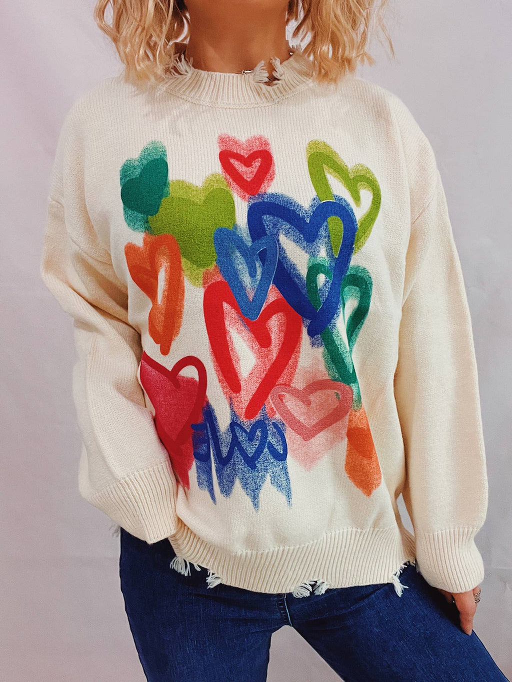 Heart Graffiti Distressed Knit Sweater