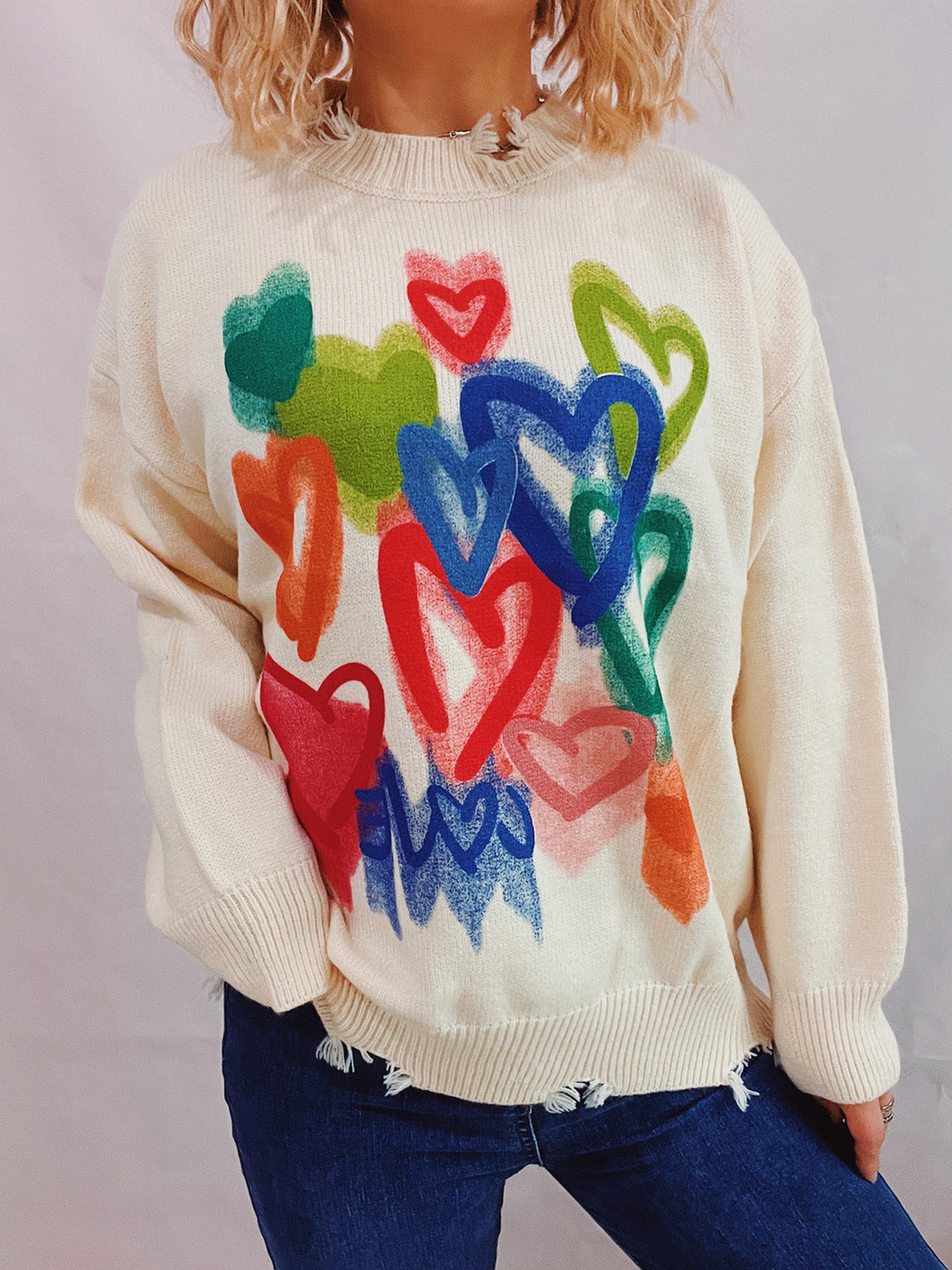 Heart Graffiti Distressed Knit Sweater - view 1