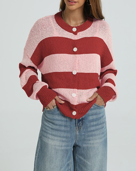 Chunky Block Stripe Buttoned Knit Cardigan - Red
