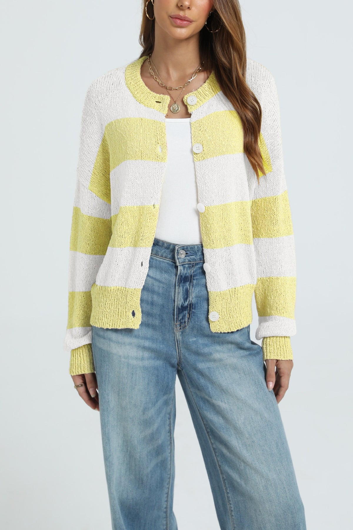 Chunky Block Stripe Buttoned Knit Cardigan - Yellow - 1