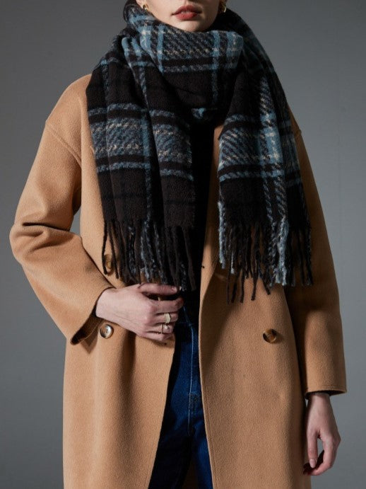 Blue Tartan Fringed Blanket Scarf - Blue - 1