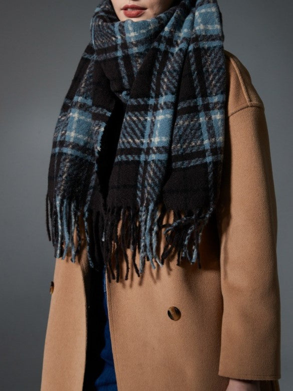 Blue Tartan Fringed Blanket Scarf - Blue - 2
