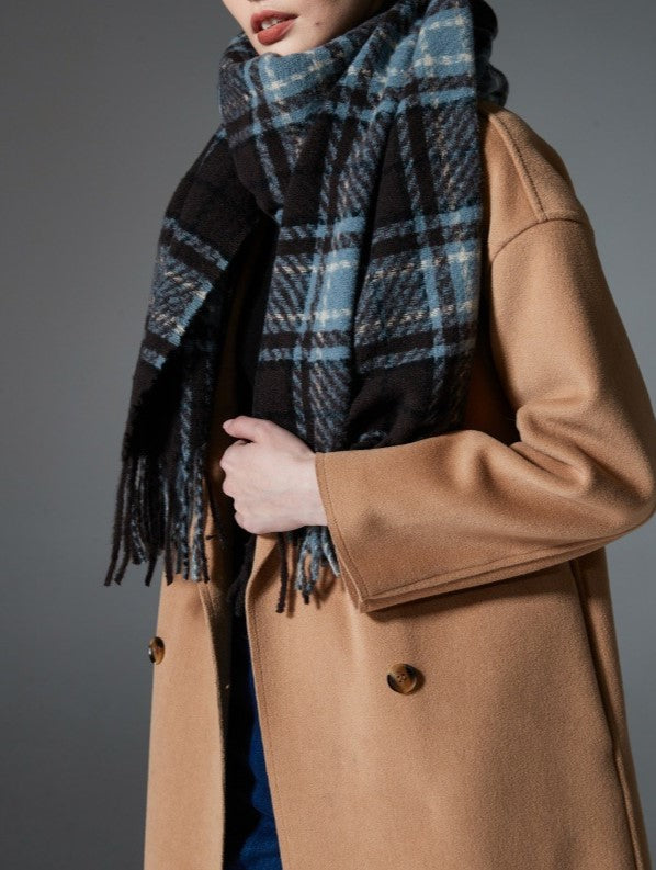 Blue Tartan Fringed Blanket Scarf - Blue - 3