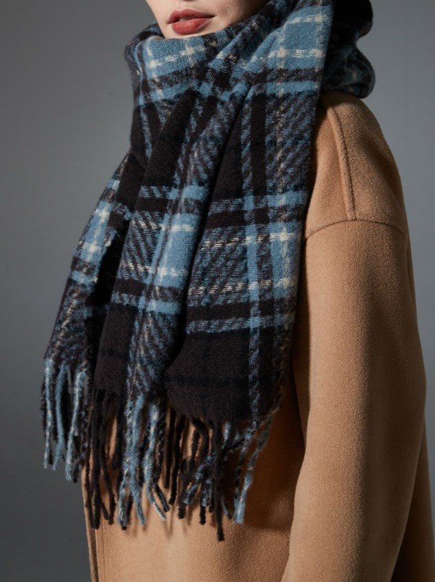 Blue Tartan Fringed Blanket Scarf - Blue - 4