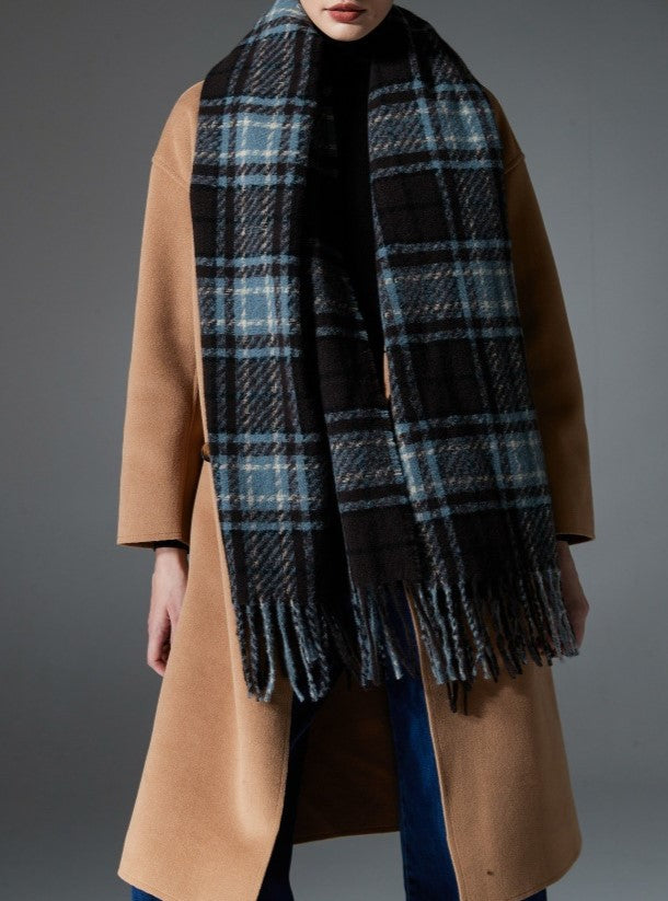 Blue Tartan Fringed Blanket Scarf - Blue - 5