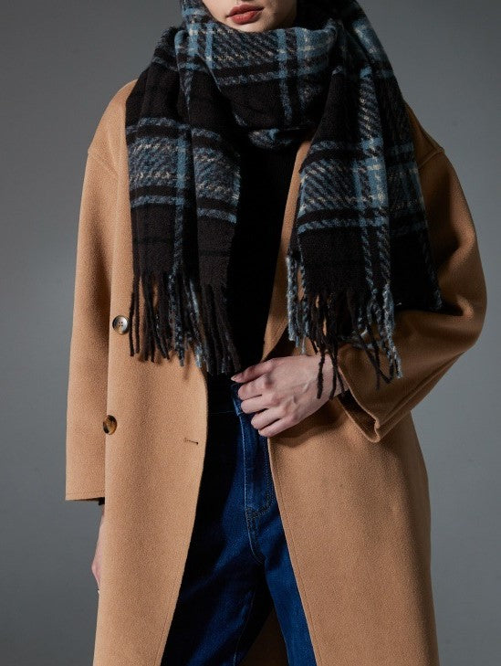 Blue Tartan Fringed Blanket Scarf - Blue - 6
