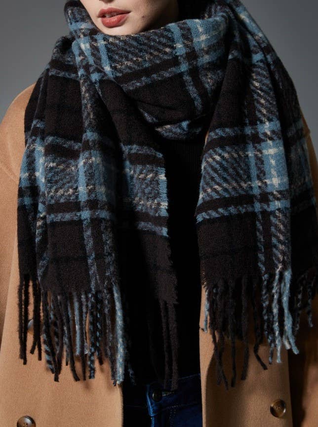 Blue Tartan Fringed Blanket Scarf