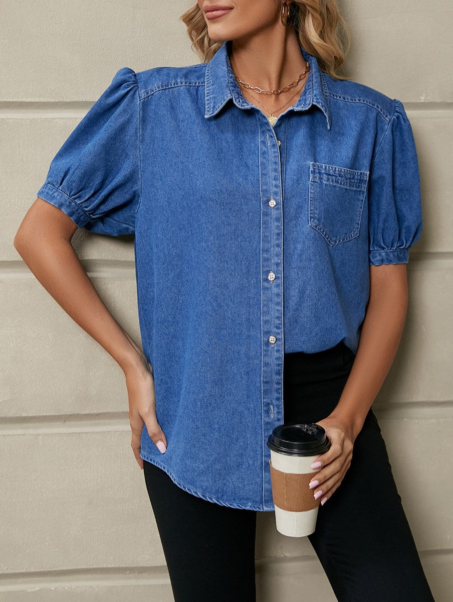 Puff Sleeve Denim Shirt With Curved Hem - Blue - 3
