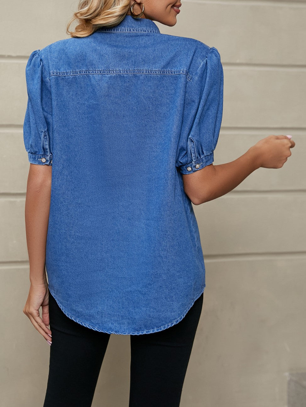 Puff Sleeve Denim Shirt With Curved Hem - Blue - 4