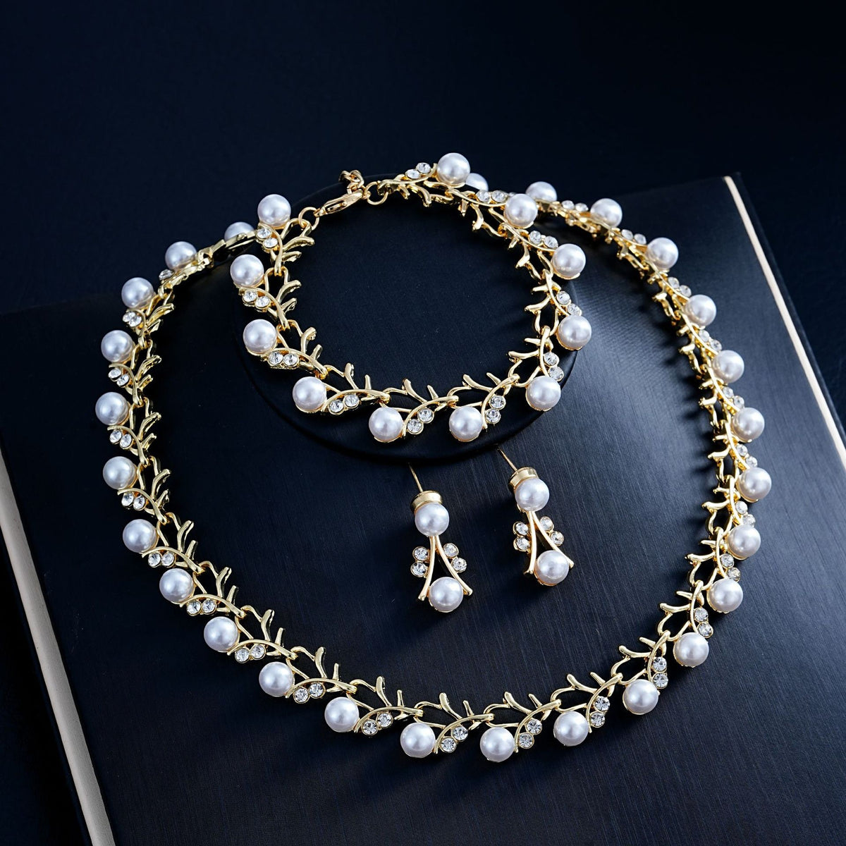 Pearl Rhinestone Vine Necklace Bracelet Earring Set - Gold