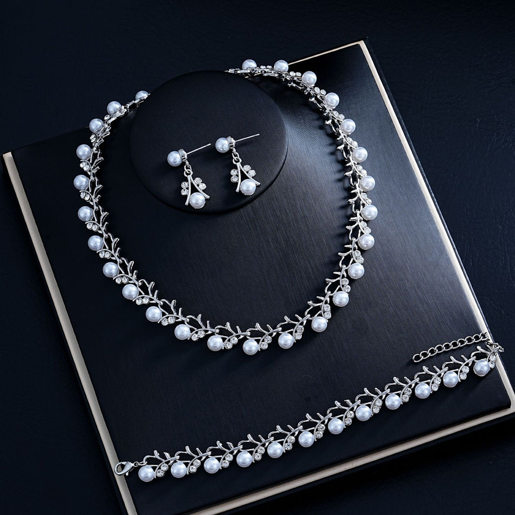 Pearl Rhinestone Vine Necklace Bracelet Earring Set - Silver