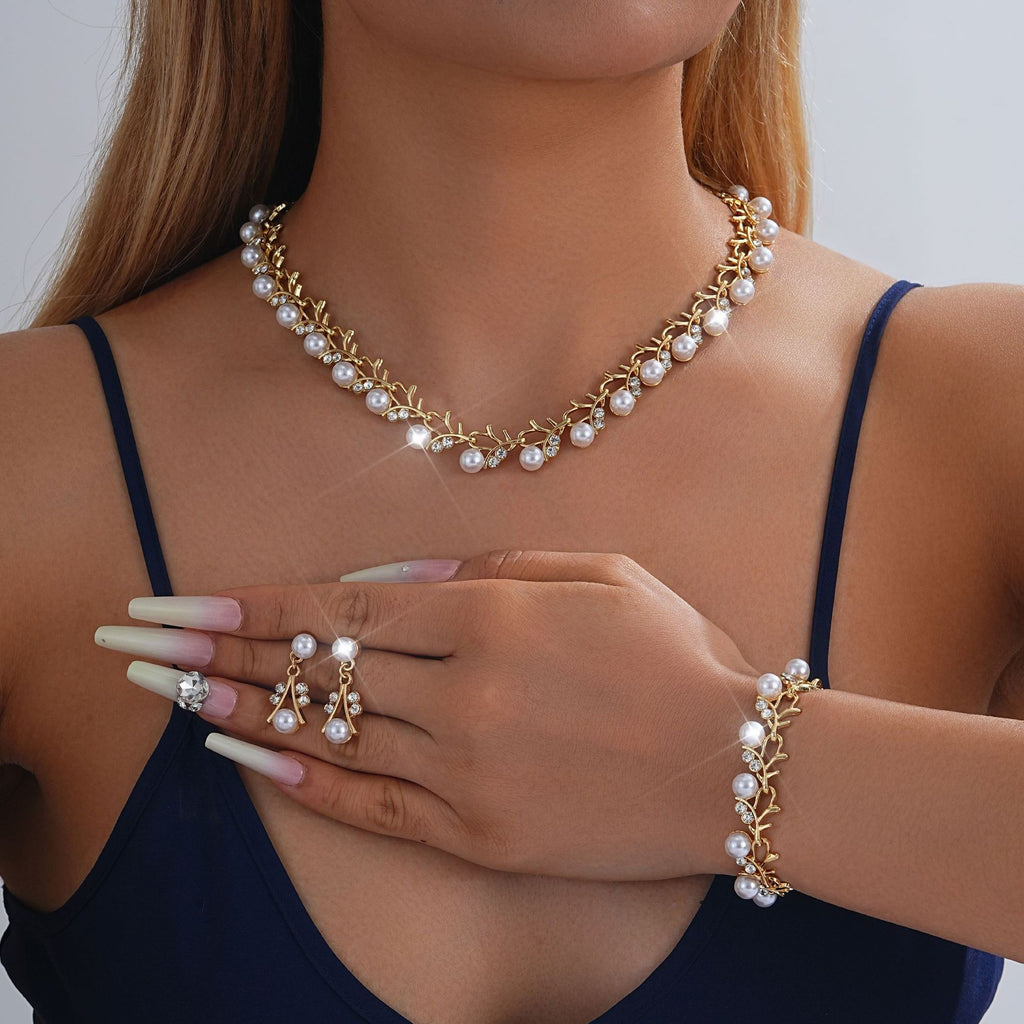 Pearl Rhinestone Vine Necklace Bracelet Earring Set