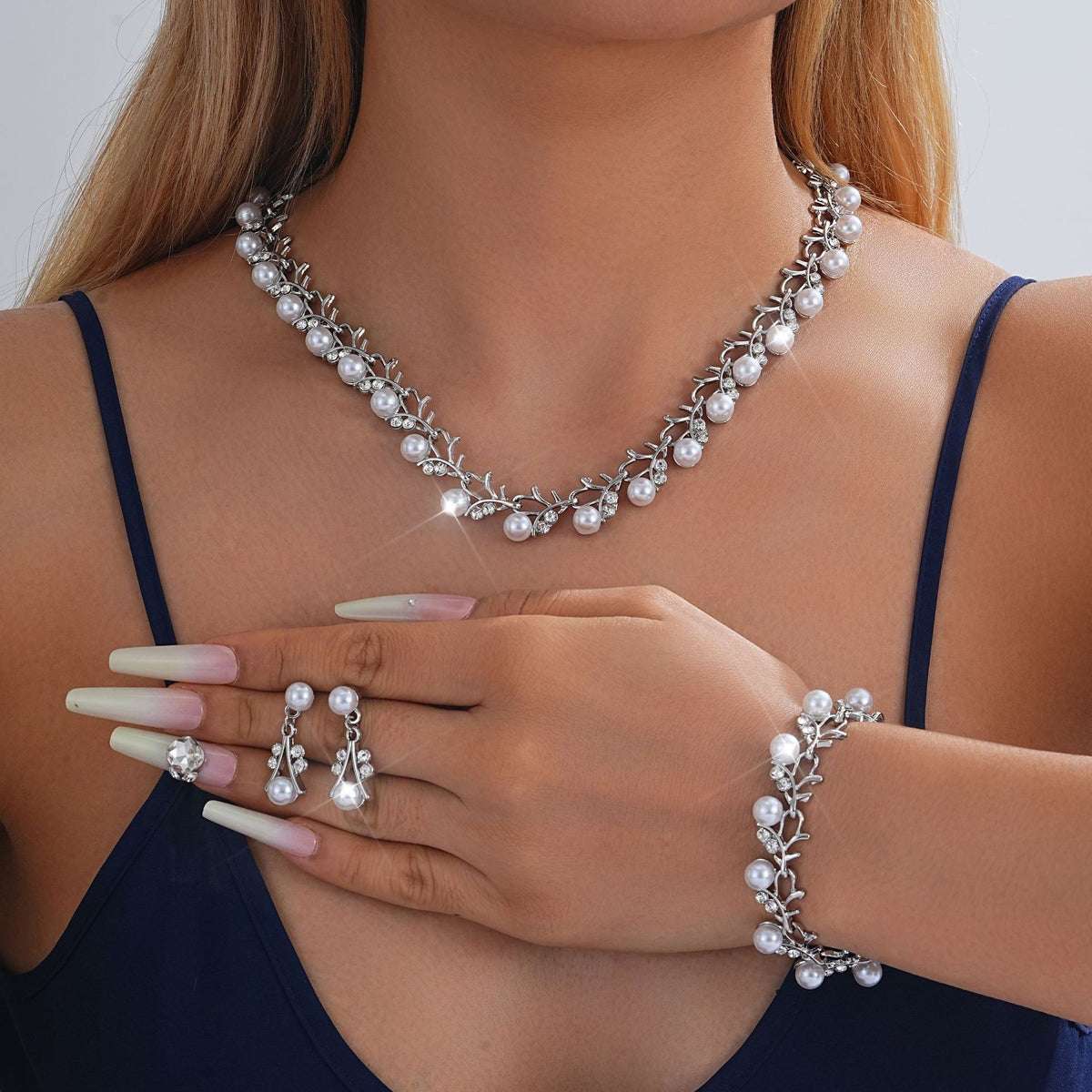 Pearl Rhinestone Vine Necklace Bracelet Earring Set