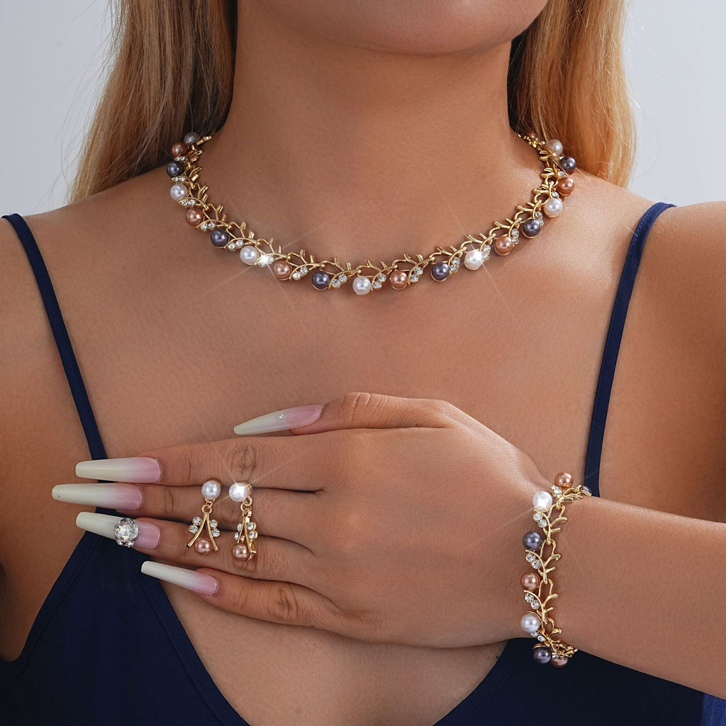 Pearl Rhinestone Vine Necklace Bracelet Earring Set