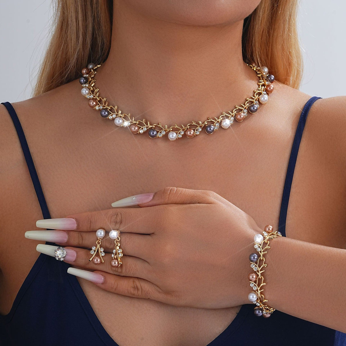 Pearl Rhinestone Vine Necklace Bracelet Earring Set