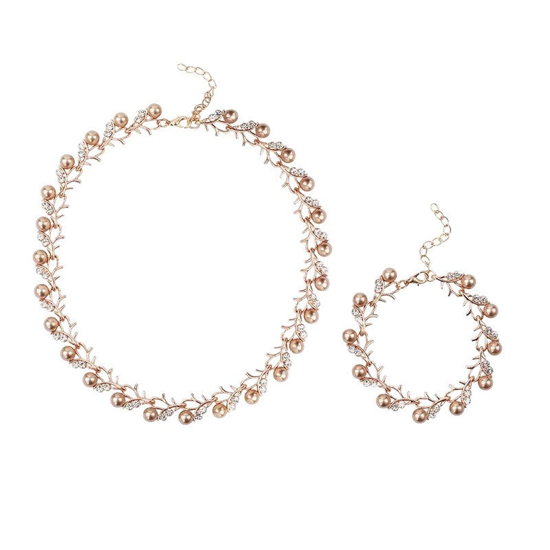 Pearl Rhinestone Vine Necklace Bracelet Earring Set