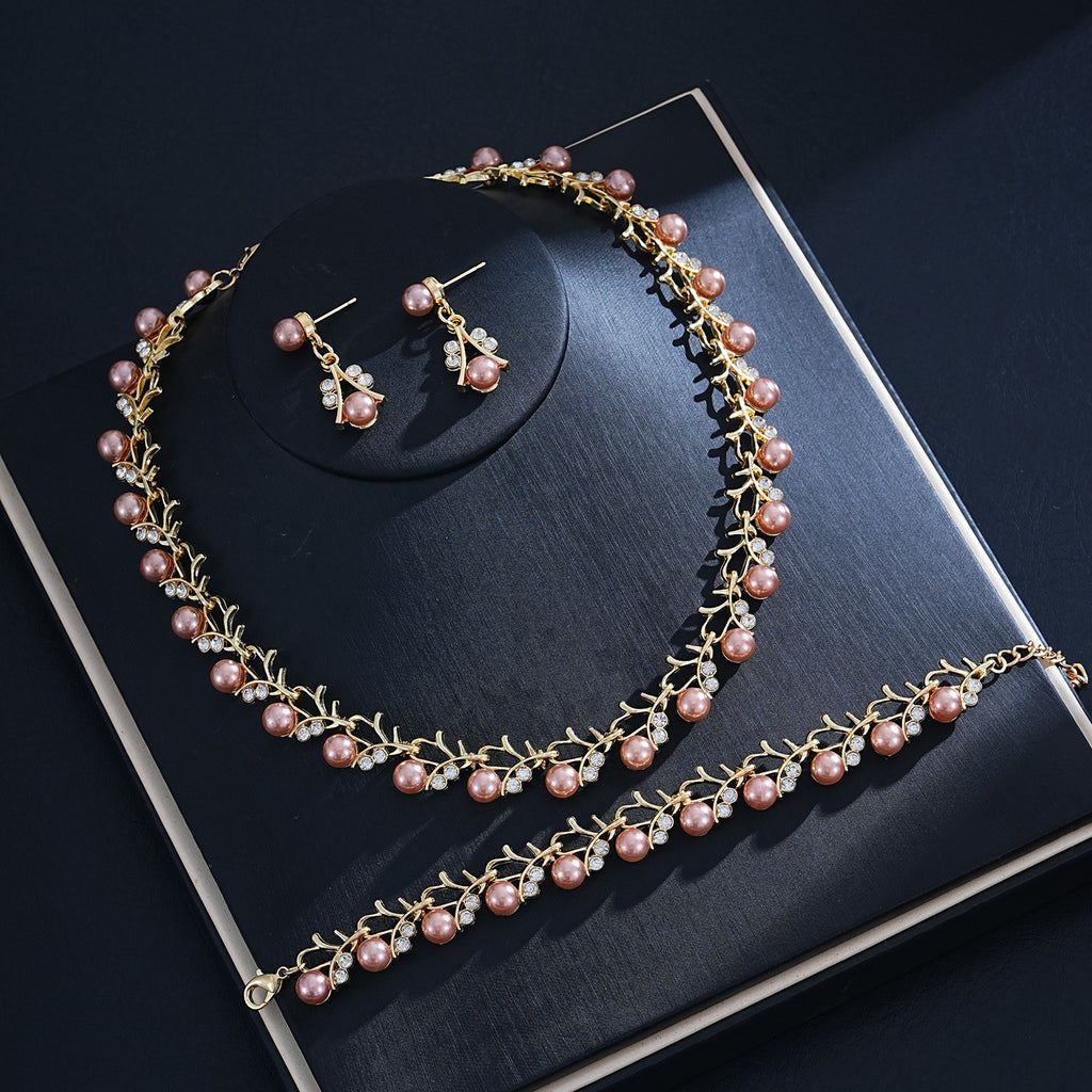 Pearl Rhinestone Vine Necklace Bracelet Earring Set