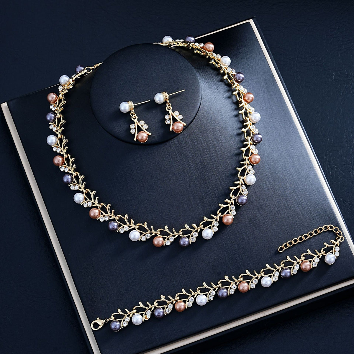 Pearl Rhinestone Vine Necklace Bracelet Earring Set