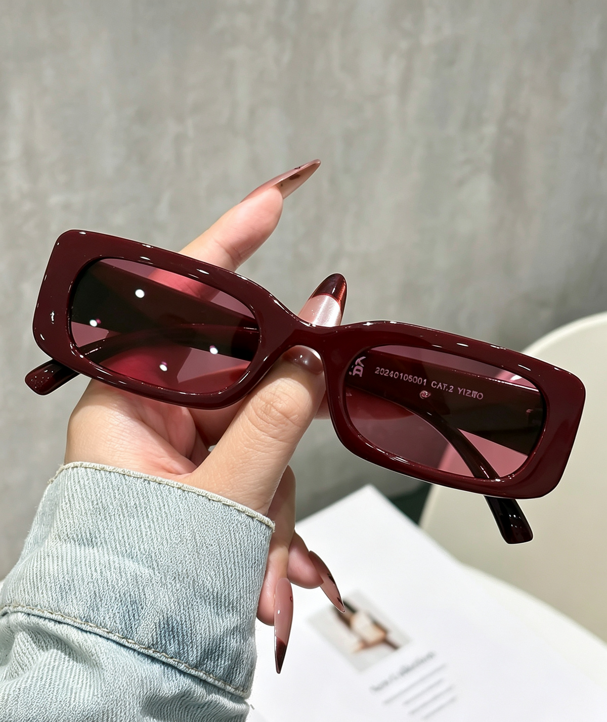 Y2K Narrow Rectangle Sunglasses with Chunky Frame - WineRed