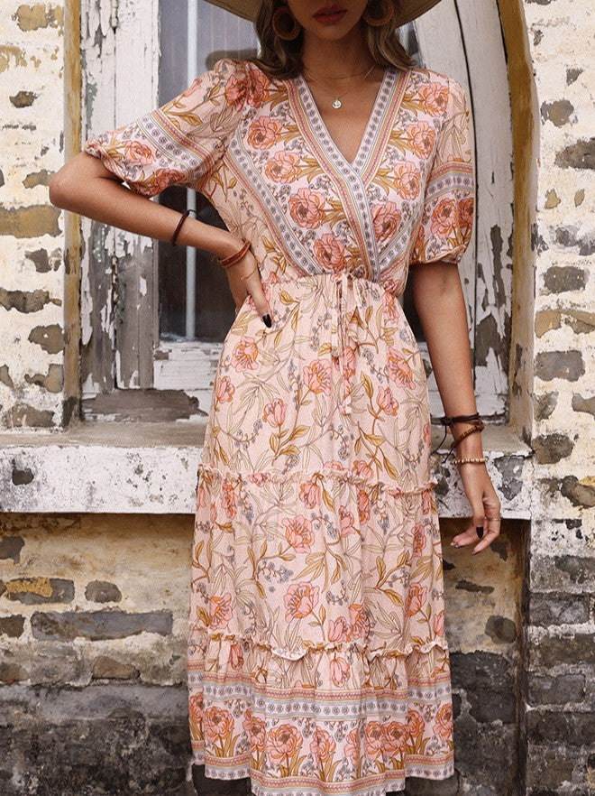 Boho Border Print Tiered Midi Dress - Pink