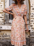 Boho Border Print Tiered Midi Dress - Pink